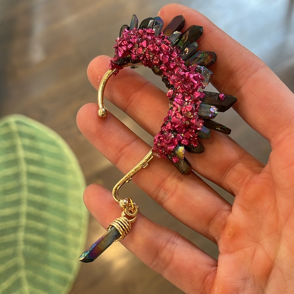 Black tourmaline crystal ear cuff pierce free earring, metallic pink accents